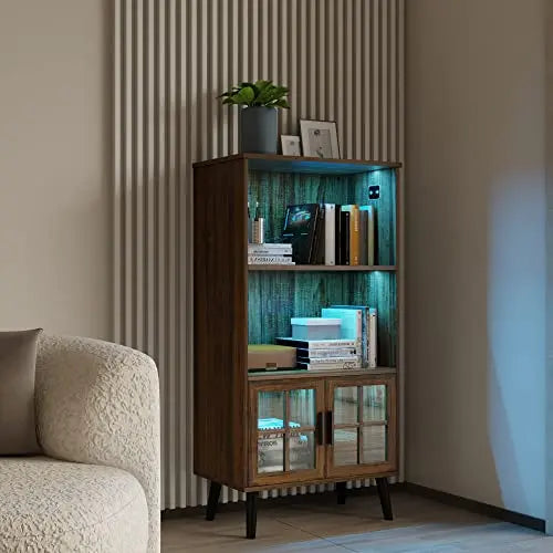 LVSOMT 3 Tier Retro Bookcase with Doors and Metal Legs - Brown LVSOMT