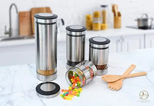 Le'raze Airtight Food Storage Container for Kitchen Counter with Window, [Set of 4] Canister Set Ideal for Flour Tea, Sugar, Coffee, Candy, Cookie Jar Le'raze