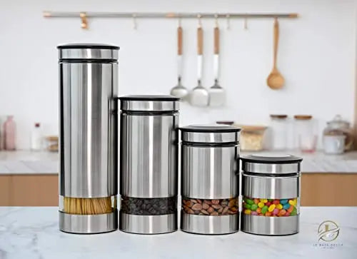 Le'raze Airtight Food Storage Container for Kitchen Counter with Window, [Set of 4] Canister Set Ideal for Flour Tea, Sugar, Coffee, Candy, Cookie Jar Le'raze
