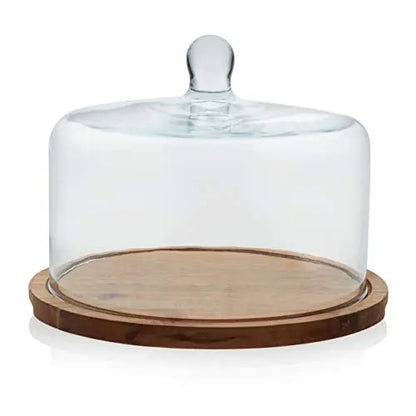 Libbey Cake Stand with Glass Dome | Acacia Wood Flat Round Wood Server Libbey