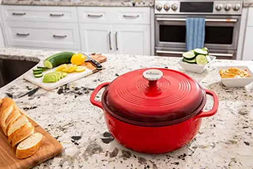 Lodge Enameled Cast Iron Dutch Oven With Stainless Steel Knob and Loop Handles, 6 Quart - Red Lodge