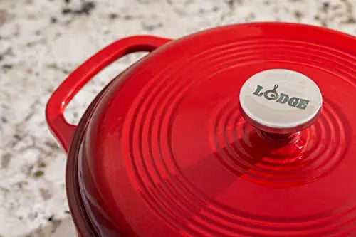 Lodge Enameled Cast Iron Dutch Oven With Stainless Steel Knob and Loop Handles, 6 Quart - Red Lodge