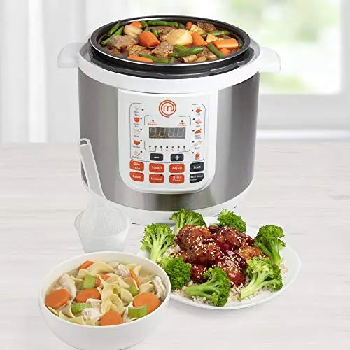 MasterChef 13-in-1 Non-stick Pot Pressure Cooker - 6 QT Electric Digital Instant MultiPot w 13 Programmable Functions - Stainless Steel White MasterChef