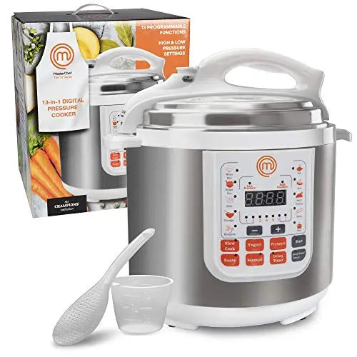 MasterChef 13-in-1 Non-stick Pot Pressure Cooker - 6 QT Electric Digital Instant MultiPot w 13 Programmable Functions - Stainless Steel White MasterChef