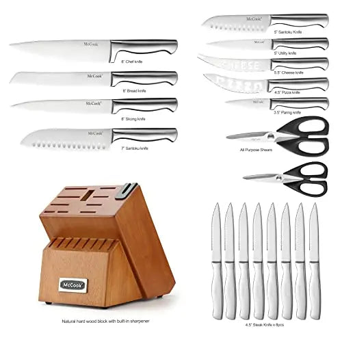 McCook Kitchen Knife Set, 20-Piece German Stainless Steel Knives Block Set with Built-in Sharpener McCook
