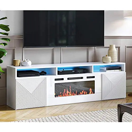 Meble Furniture Giza Wall Mounted Modern Electric Fireplace TV Stand, 63" - White Meble Furniture