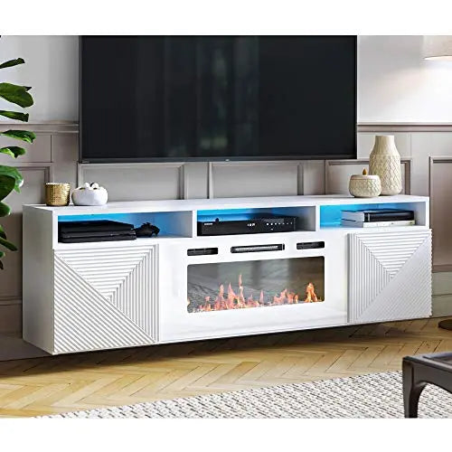 Meble Furniture Giza Wall Mounted Modern Electric Fireplace TV Stand, 63" - White Meble Furniture