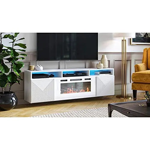 Meble Furniture Giza Wall Mounted Modern Electric Fireplace TV Stand, 63" - White Meble Furniture