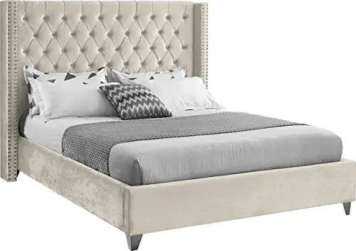 Meridian Furniture AidenCream-K Modern Velvet Upholstered Bed with Deep Button Tufting - Cream Meridian Furniture