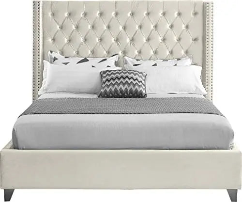 Meridian Furniture AidenCream-K Modern Velvet Upholstered Bed with Deep Button Tufting - Cream Meridian Furniture