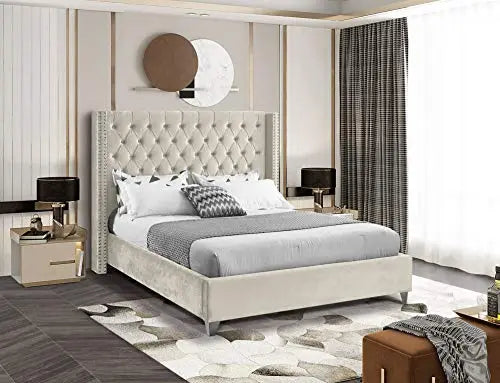 Meridian Furniture AidenCream-K Modern Velvet Upholstered Bed with Deep Button Tufting - Cream Meridian Furniture