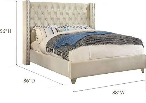 Meridian Furniture AidenCream-K Modern Velvet Upholstered Bed with Deep Button Tufting - Cream Meridian Furniture