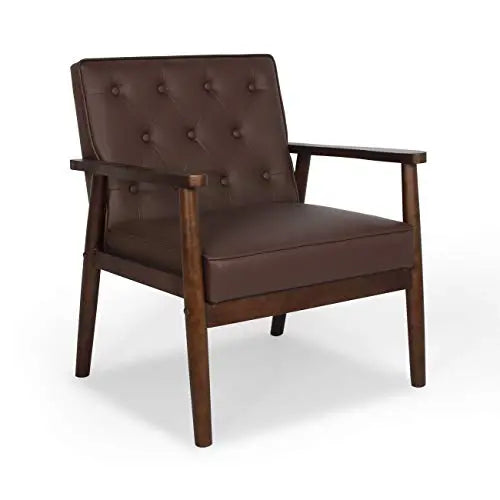 Mid-Century Retro Modern Solid Wood Faux LeatherTufted Back Upholstered Armrest Accent Chair - Brown JIASTING