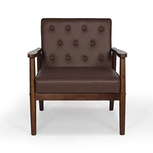 Mid-Century Retro Modern Solid Wood Faux LeatherTufted Back Upholstered Armrest Accent Chair - Brown JIASTING