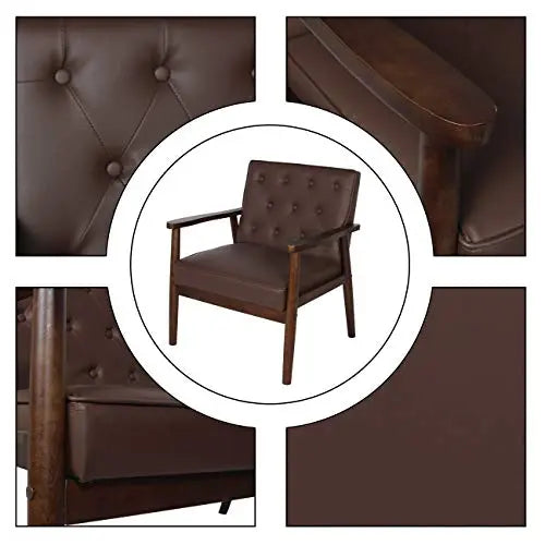 Mid-Century Retro Modern Solid Wood Faux LeatherTufted Back Upholstered Armrest Accent Chair - Brown JIASTING