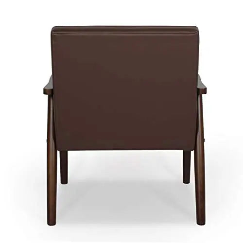 Mid-Century Retro Modern Solid Wood Faux LeatherTufted Back Upholstered Armrest Accent Chair - Brown JIASTING