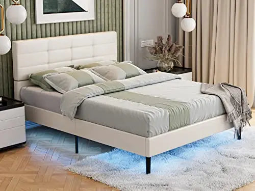 Modern White Upholstered Faux Leather Platform Bed with LED Lights Under Bed - White IKIFLY