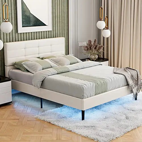 Modern White Upholstered Faux Leather Platform Bed with LED Lights Under Bed - White IKIFLY