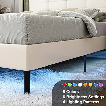 Modern White Upholstered Faux Leather Platform Bed with LED Lights Under Bed - White IKIFLY