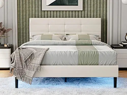 Modern White Upholstered Faux Leather Platform Bed with LED Lights Under Bed - White IKIFLY