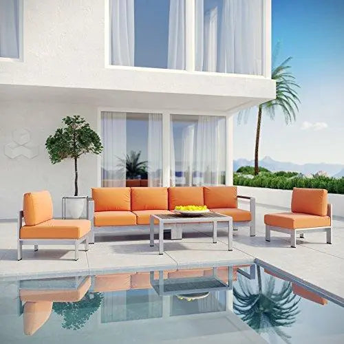 Modway Shore 5-Piece Aluminum Outdoor Patio Sectional Sofa Set - Silver Orange Modway