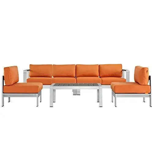 Modway Shore 5-Piece Aluminum Outdoor Patio Sectional Sofa Set - Silver Orange Modway