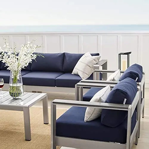 Modway Shore Sunbrella Fabric Outdoor Aluminum Patio 7- Piece Set - Silver Navy Modway