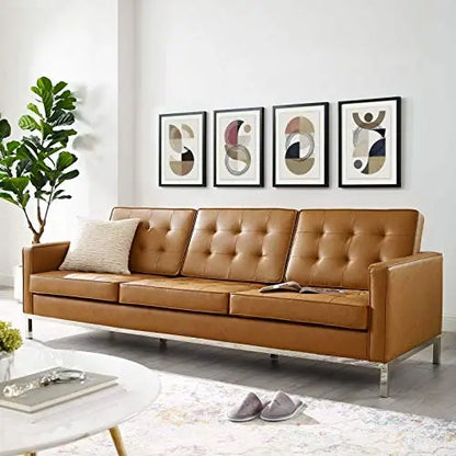 Modway Sofa | Loft Tufted Button Faux Leather Upholstered Sofa - Silver Tan Modway