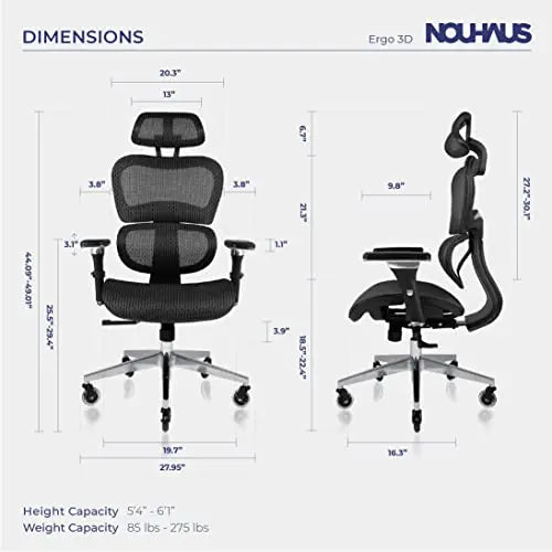 NOUHAUS Ergo3D Office Chair | Ergonomic Mesh Chair with Adjustable Armrest - Black Nouhaus