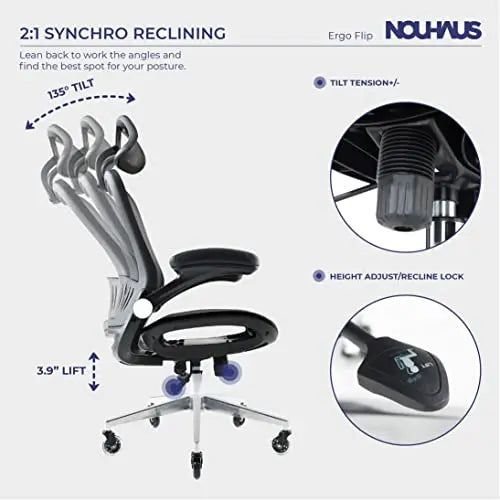 NOUHAUS ErgoFlip Office Chair | Mesh Swivel Ergonomic Chair - Black Nouhaus