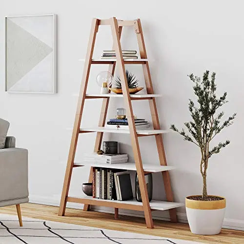 Nathan James Carlie Bookcase | 5 Wooden Ladder Shelves - White/Brown Nathan James