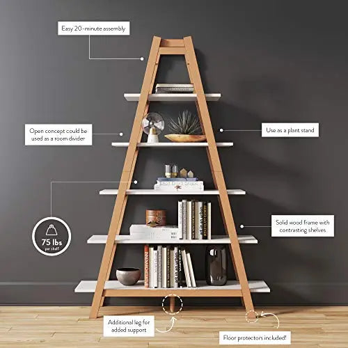 Nathan James Carlie Bookcase | 5 Wooden Ladder Shelves - White/Brown Nathan James