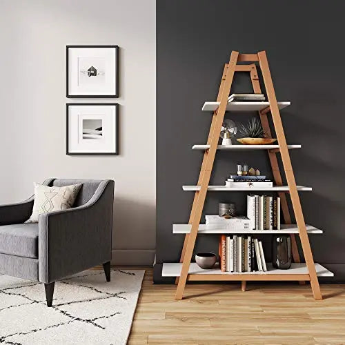 Nathan James Carlie Bookcase | 5 Wooden Ladder Shelves - White/Brown Nathan James