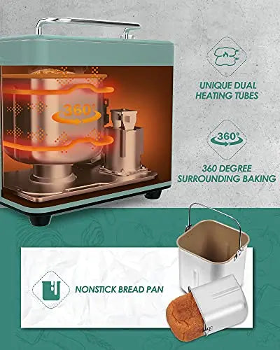 Neretva Bread Maker Machine with Nonstick Bread Pan, 2 Loaf Sizes - Green Neretva