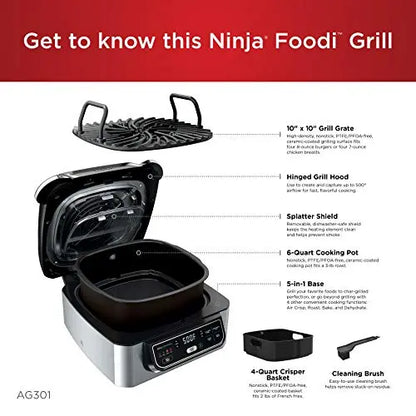 Ninja AG301 Foodi 5-in-1 Indoor Grill Air Fryer with Air Fry, Roast, Bake & Dehydrate - Black/Silver Ninja