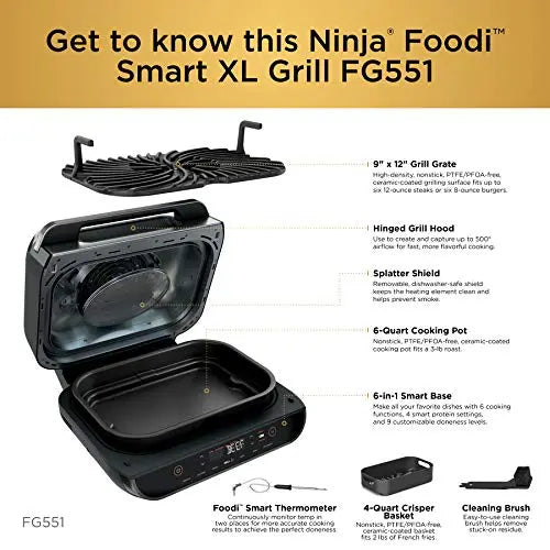 Ninja FG551 Foodi Smart XL 6-in-1 Indoor Grill with 4-Quart Air Fryer - Stainless Steel Finish Ninja