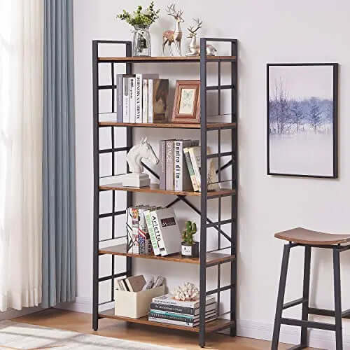 OIAHOMY Industrial Bookshelf, 5-Tier Vintage Bookcase - Rustic Brown OIAHOMY