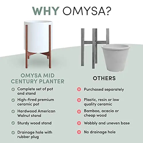 OMYSA Mid Century Planter with Stand | 10 inch Ceramic Pot - White OMYSA