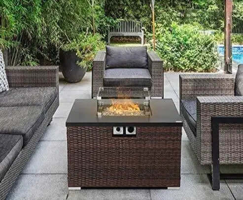 Outdoor Fire Pit Table | Brown Wicker Fire Pit with Wind Guard Lava Rocks HOMPUS