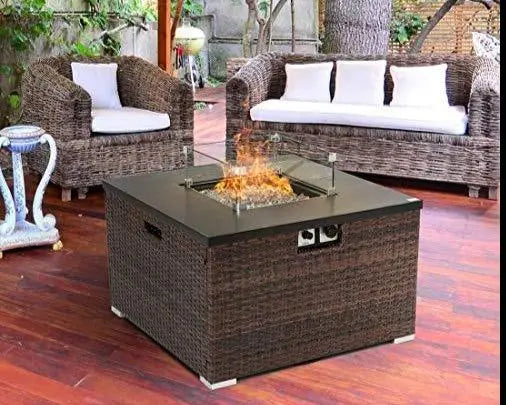 Outdoor Fire Pit Table | Brown Wicker Fire Pit with Wind Guard Lava Rocks HOMPUS