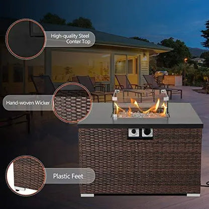 Outdoor Fire Pit Table | Brown Wicker Fire Pit with Wind Guard Lava Rocks HOMPUS