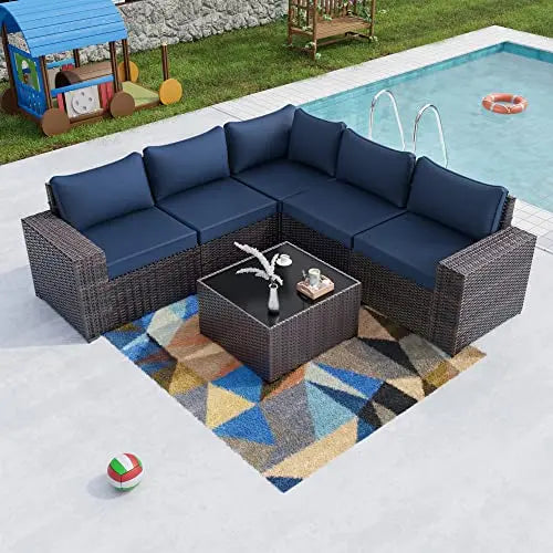 Outdoor Patio Furniture Sectional 6-PC Set, PE Rattan - Navy Blue Cushions/Brown Wicker Kullavik
