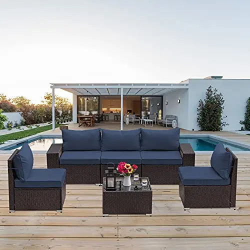 Outdoor Patio Furniture Sectional 6-PC Set, PE Rattan - Navy Blue Cushions/Brown Wicker Kullavik