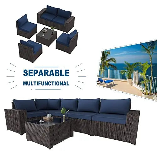 Outdoor Patio Furniture Sectional 6-PC Set, PE Rattan - Navy Blue Cushions/Brown Wicker Kullavik