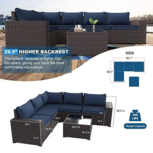 Outdoor Patio Furniture Sectional 6-PC Set, PE Rattan - Navy Blue Cushions/Brown Wicker Kullavik