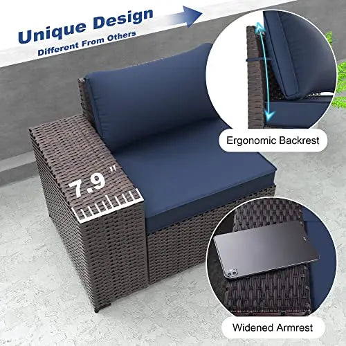 Outdoor Patio Furniture Sectional 6-PC Set, PE Rattan - Navy Blue Cushions/Brown Wicker Kullavik