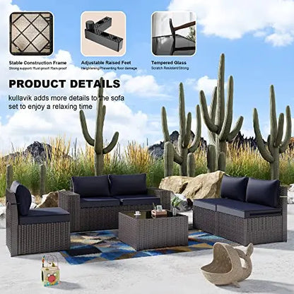 Outdoor Patio Furniture Sectional 6-PC Set, PE Rattan - Navy Blue Cushions/Brown Wicker Kullavik