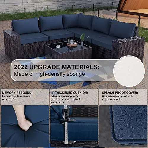 Outdoor Patio Furniture Sectional 6-PC Set, PE Rattan - Navy Blue Cushions/Brown Wicker Kullavik