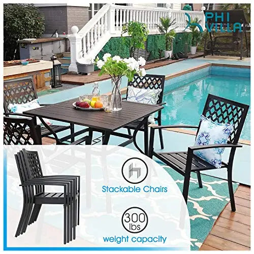 PHI VILLA 5-Piece Metal Patio Outdoor Table and Chairs Dining Set with 1.57" Umbrella Hole - Black PHI VILLA