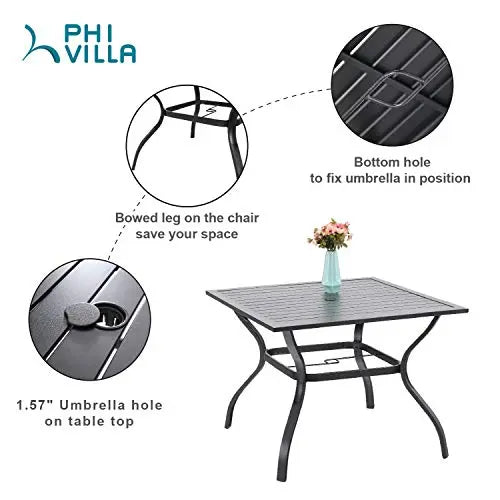 PHI VILLA 5-Piece Metal Patio Outdoor Table and Chairs Dining Set with 1.57" Umbrella Hole - Black PHI VILLA